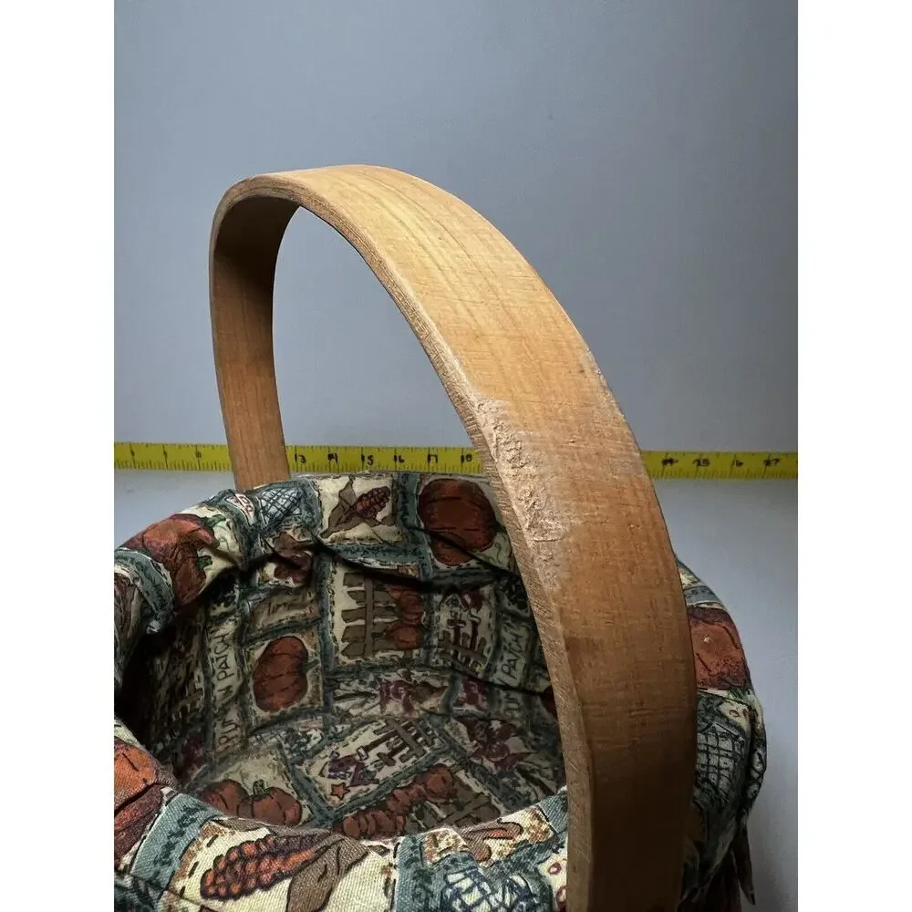 Vintage Wooden Basket Bent Wood Handle Cloth Lined Harvest Nailed Bottom